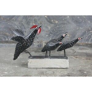 Carved wood fanciful folk art flock of birds, chickens, quail, vintage